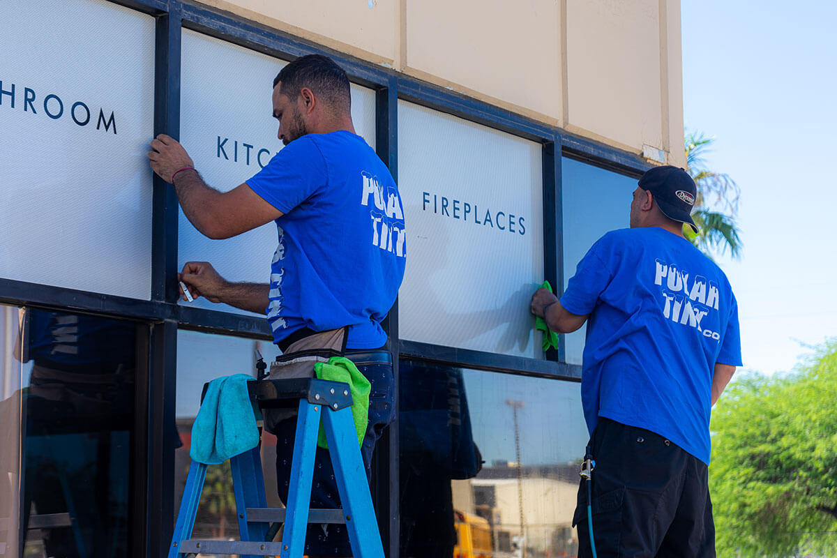 Polar Tint fleet branding rollout on a row of commercial work trucks for a Summerlin contractor